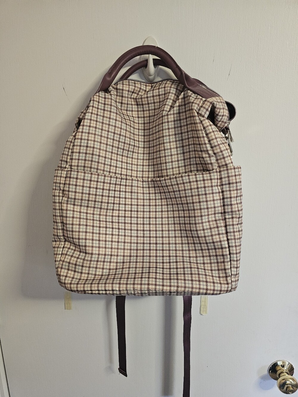 New Day Plaid Polyester Backpack with Brown Leather Trim